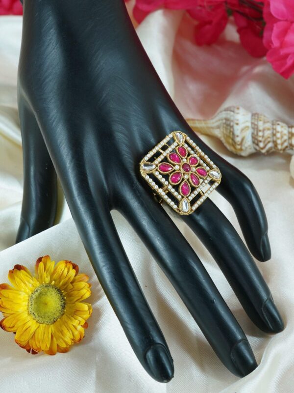 Antique Gold Plated Adjustable Size Designer Finger ring with Stones - Image 2