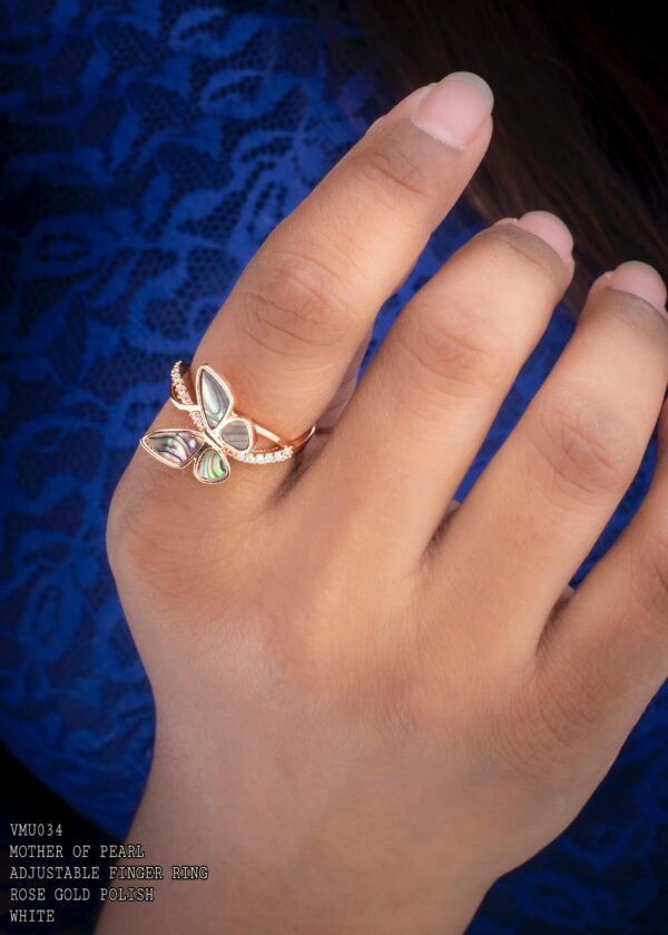 Butterfly Mother Of Pearl Cubic Zirconia Gold Plated Adjustable Ring - Image 2