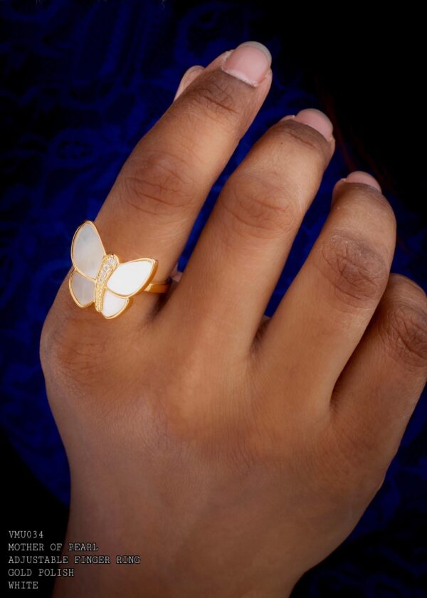 Butterfly Mother Of Pearl Cubic Zirconia Gold Plated Adjustable Ring - Image 2