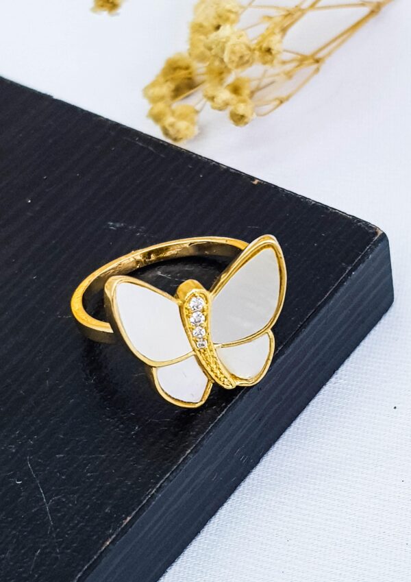 Butterfly Mother Of Pearl Cubic Zirconia Gold Plated Adjustable Ring