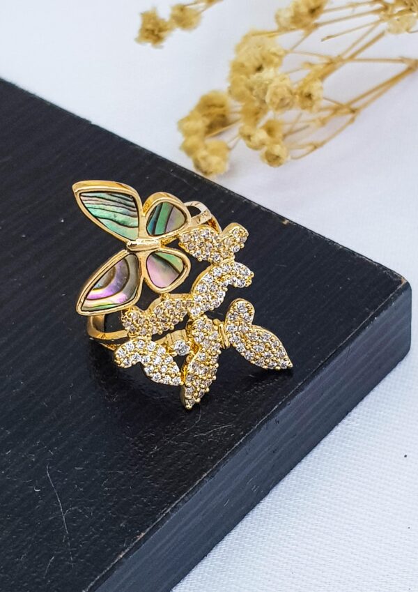 Butterfly Mother Of Pearl Cubic Zirconia Gold Plated Adjustable Ring