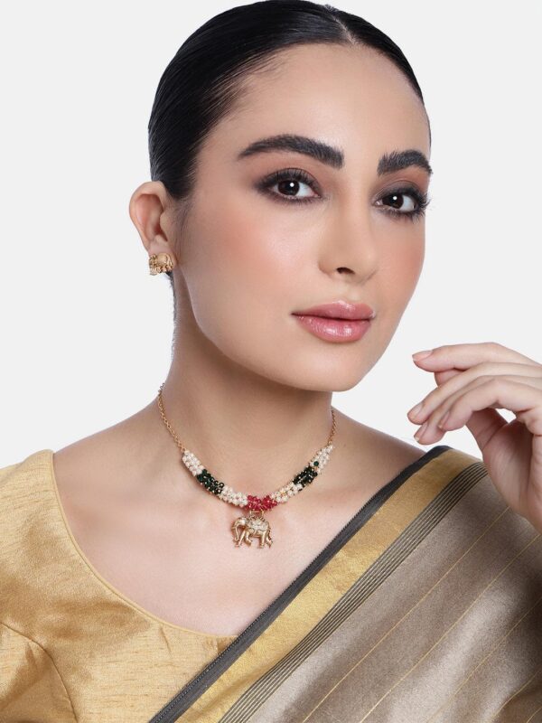 Gold Finish Designer elephant Red crystal Necklace Set - Image 2