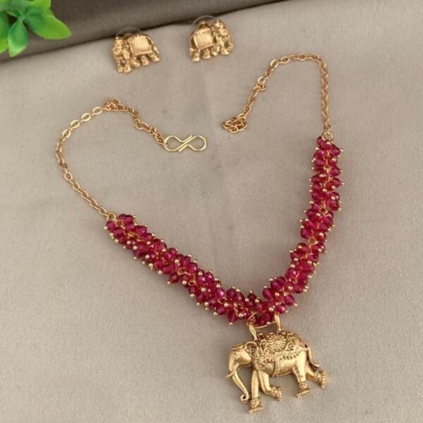 Gold Finish Designer elephant Red crystal Necklace Set - Image 3