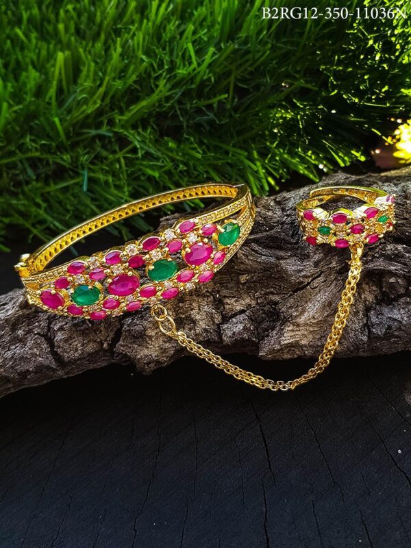 Gold Plated Adjustable Size Cocktail Finger ring with Bracelet free size Zercon ruby Stones 11036N