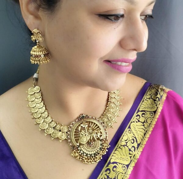 Gold Plated Temple Necklace Set with Multi Color Stones