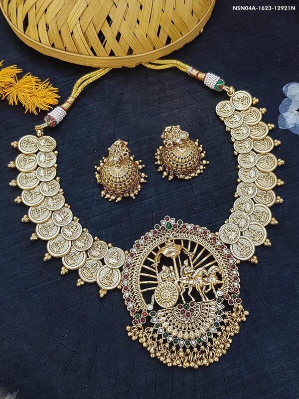 Gold Plated Temple Necklace Set with Multi Color Stones - Image 2