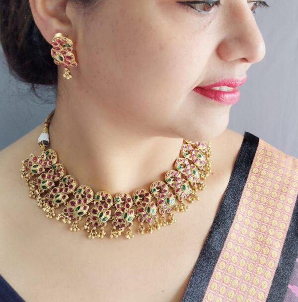 Gold Plated Temple Necklace Set with Real kemp stone