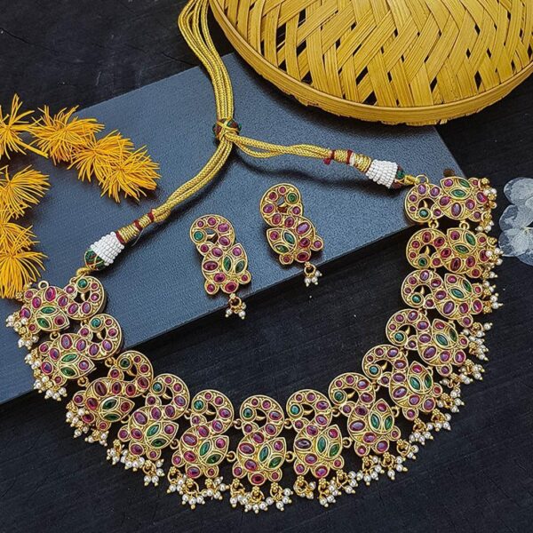 Gold Plated Temple Necklace Set with Real kemp stone - Image 2