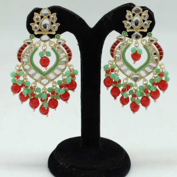 Gold plated Maroon and green kundan beeds Earring Jhumka - Image 2