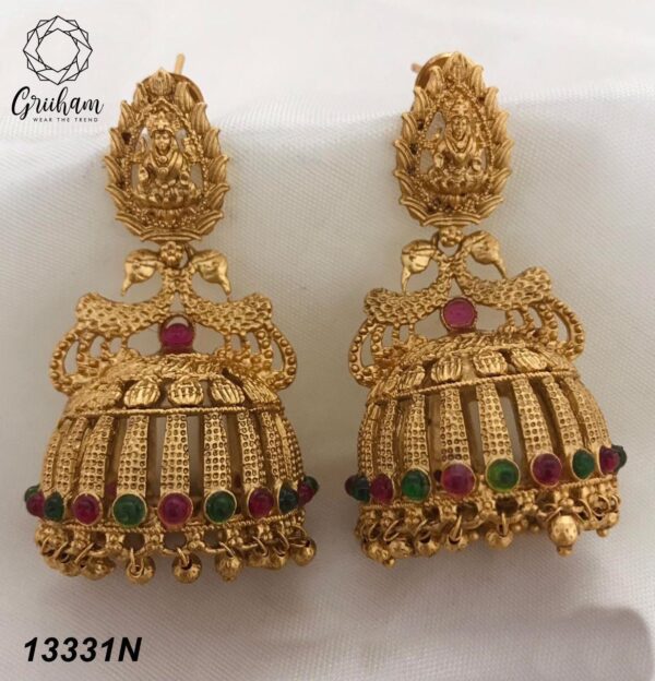 Gold plated Temple design Jhumka Earrings - Image 2