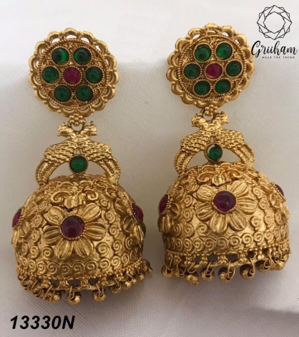 Gold plated Temple design Jhumka Earrings - Image 2