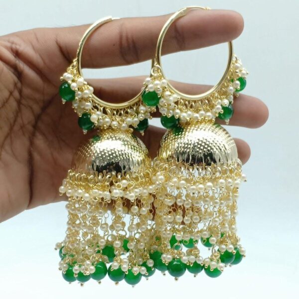 Gold plated pearl and green stone studded hangings Earring Jhumka - Image 2