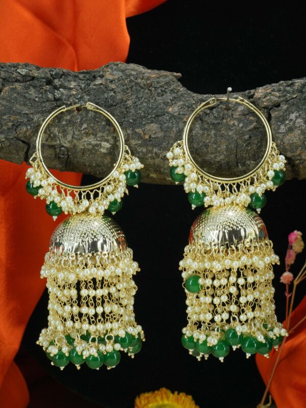 Gold plated pearl and green stone studded hangings Earring Jhumka