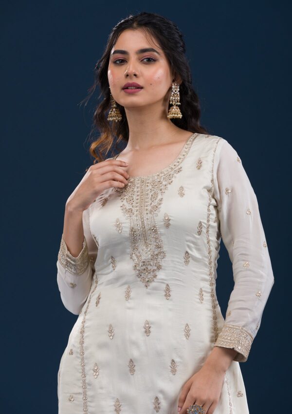 Off White Zariwork Semi Crepe Readymade Salwar Suit - Image 3