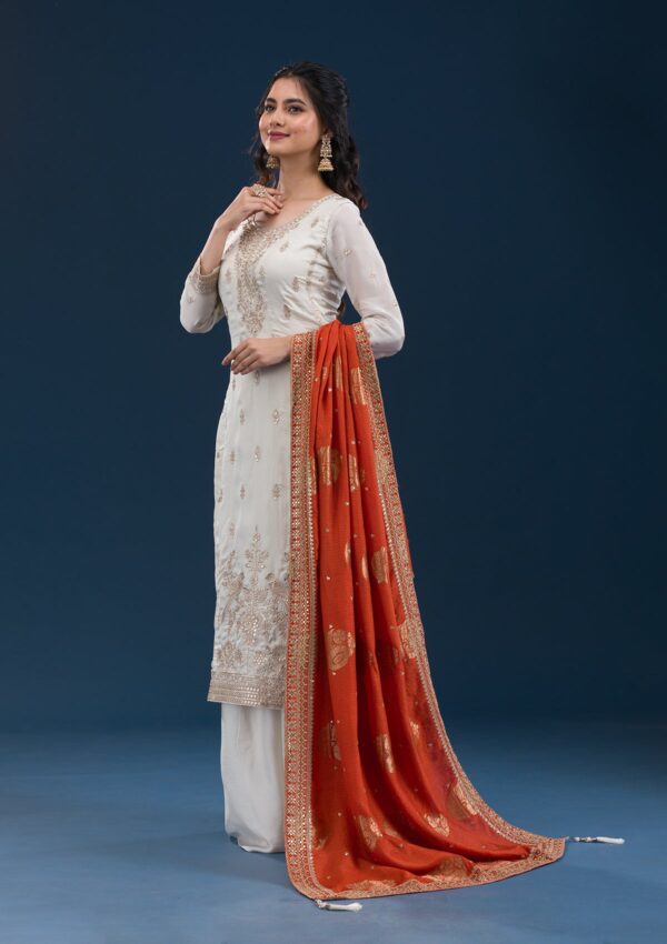 Off White Zariwork Semi Crepe Readymade Salwar Suit - Image 2