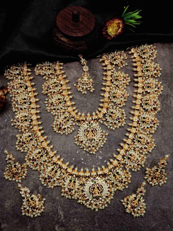 Premium Gold Polish CZ Kemp Studded Gottipusulu / Guttapusulu Necklace Combo (Long+short) with Tikka Bridal Wear 7061N - Image 2