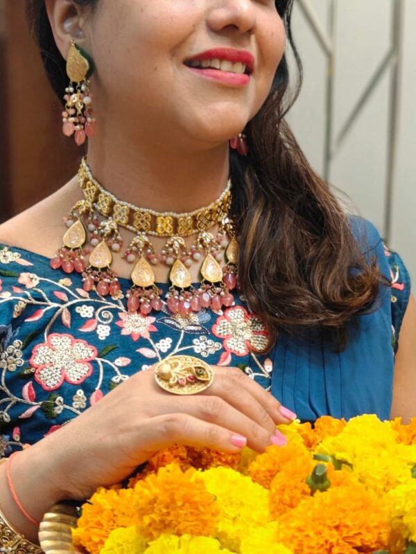 Gold Plated Designer Necklace Set choker with rajasthani Kundan enamel hand work - Image 2