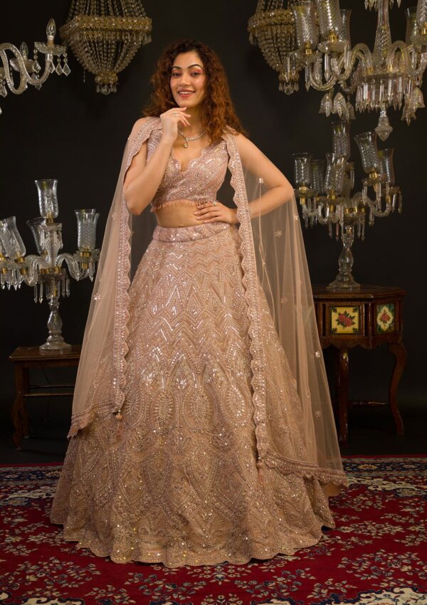 Baby Pink Mirrorwork Net Readymade Lehenga - Image 2
