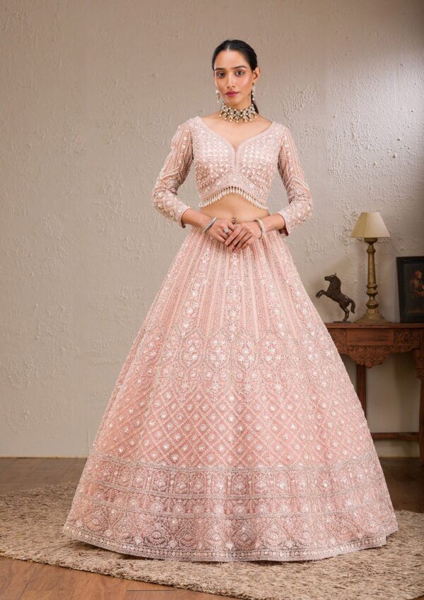 Baby Pink Silver Stonework Net Readymade Lehenga - Image 4