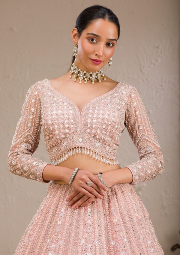 Baby Pink Silver Stonework Net Readymade Lehenga - Image 2