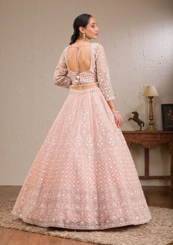 Baby Pink Silver Stonework Net Readymade Lehenga - Image 3