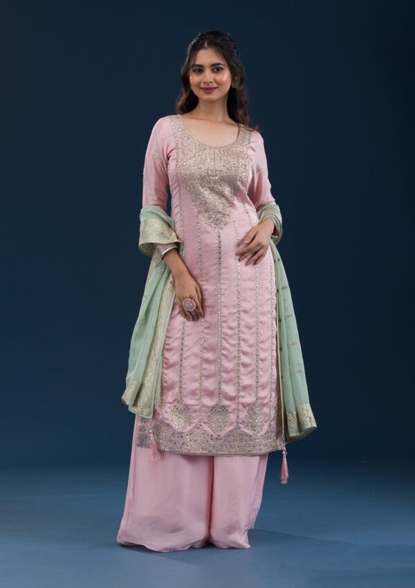 Baby Pink Zariwork Semi Crepe Readymade Salwar Suit - Image 3