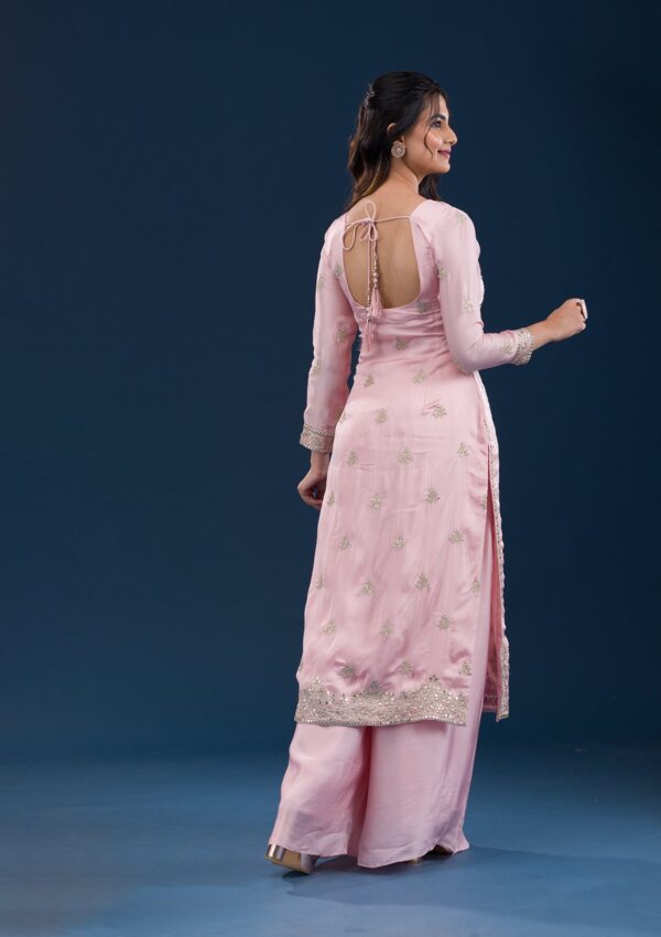 Baby Pink Zariwork Semi Crepe Readymade Salwar Suit - Image 2