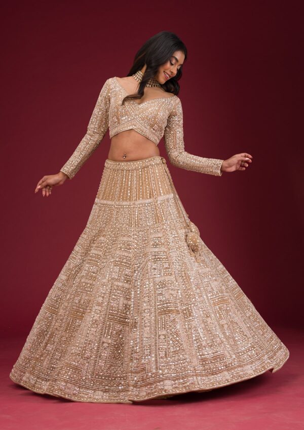 Beige Sequins Net Readymade Lehenga - Image 4