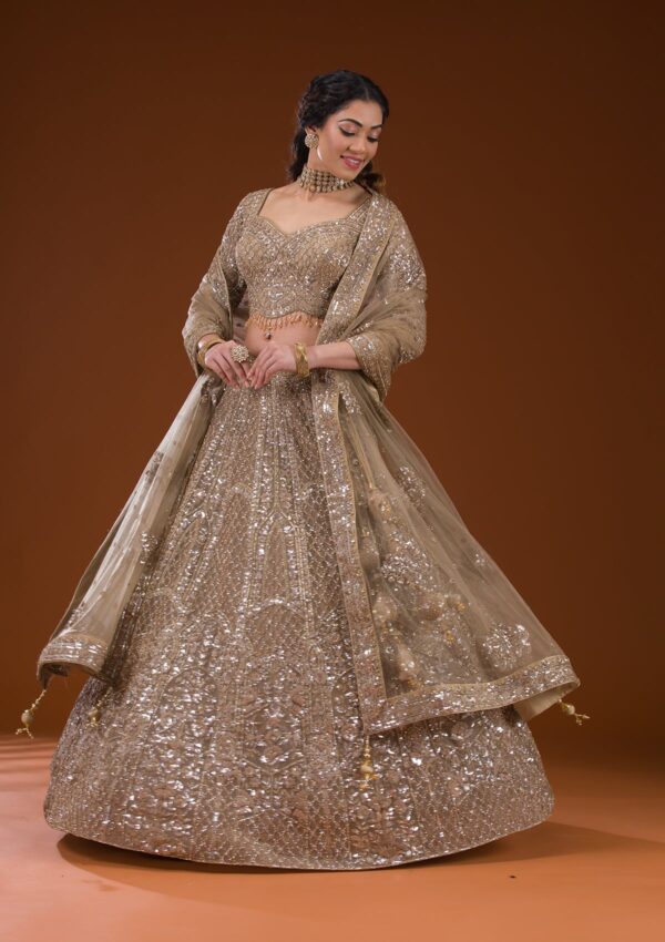 Beige Stonework Net Readymade Lehenga