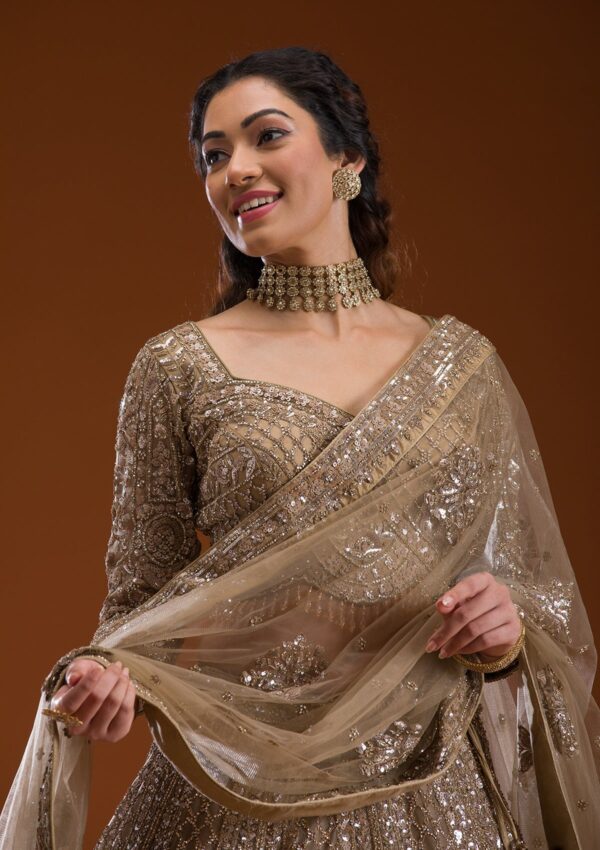 Beige Stonework Net Readymade Lehenga - Image 2