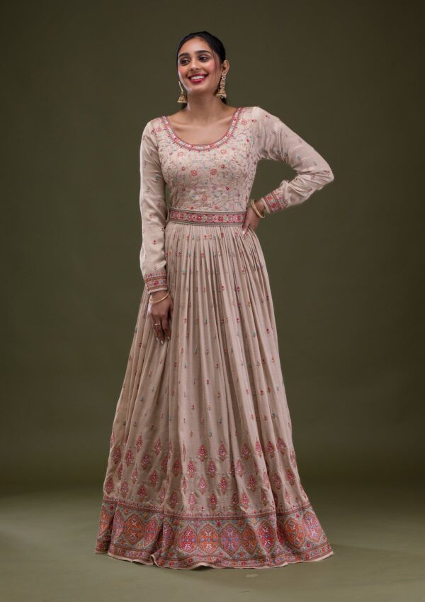 Beige Threadwork Semi Crepe Readymade Anarkali Suit - Image 2