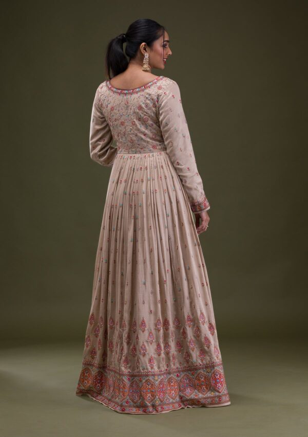 Beige Threadwork Semi Crepe Readymade Anarkali Suit - Image 3