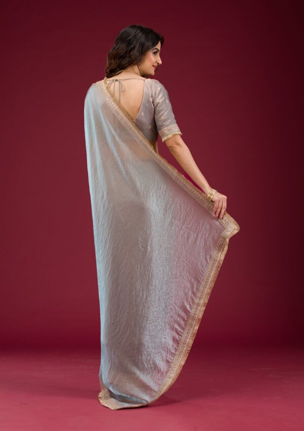 Sky Blue Threadwork Tissue Saree - Image 4