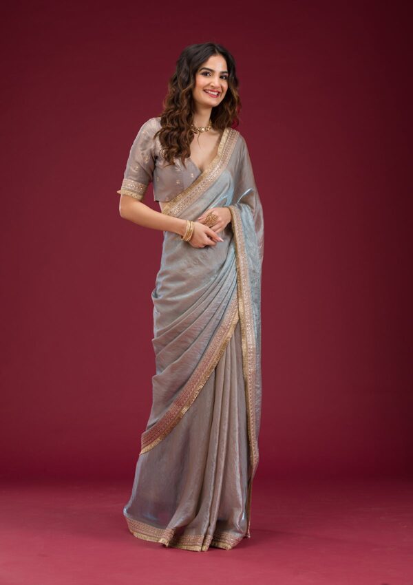 Sky Blue Threadwork Tissue Saree - Image 3