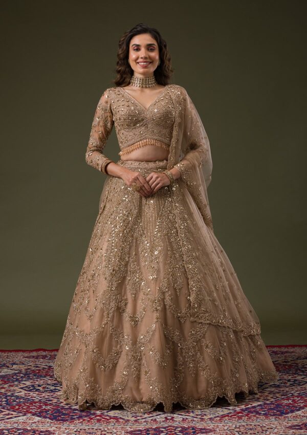 Beige Zariwork Net Readymade Lehenga