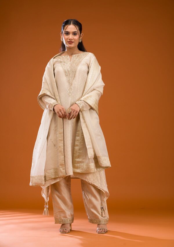 Beige Zariwork Semi Crepe Readymade Salwar Suit