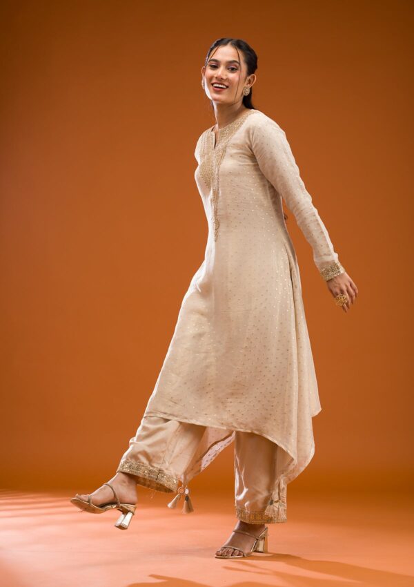 Beige Zariwork Semi Crepe Readymade Salwar Suit - Image 2