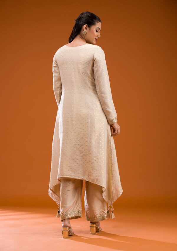 Beige Zariwork Semi Crepe Readymade Salwar Suit - Image 3
