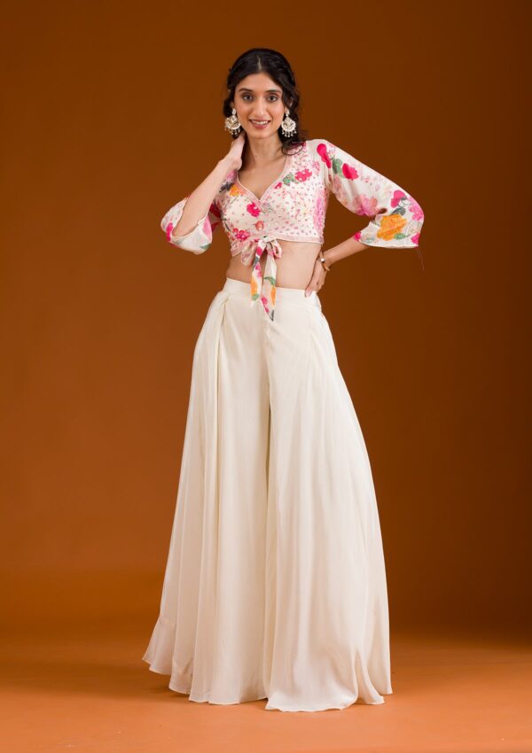 Cream Printed Semi Crepe Readymade Salwar Suit - Image 3