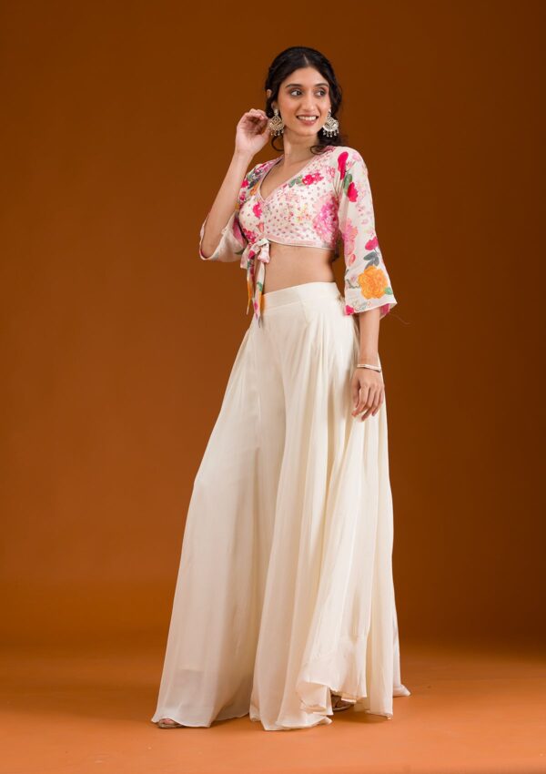 Cream Printed Semi Crepe Readymade Salwar Suit - Image 4