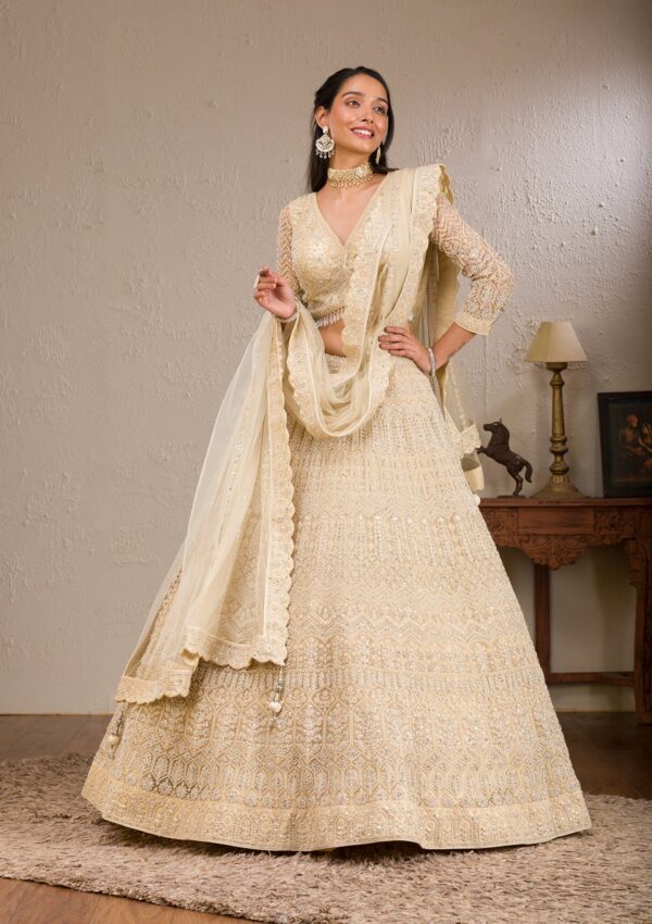 Cream Silver Stonework Net Readymade Lehenga
