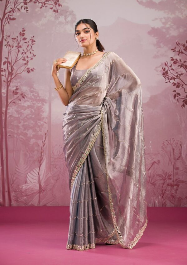 Grey Mirrorwork Georgette Saree - Image 3