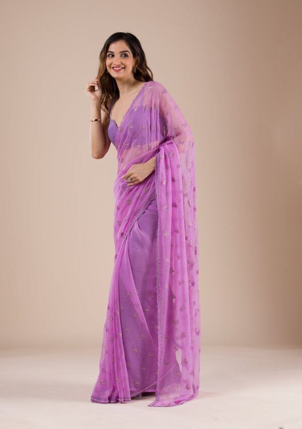 Lavender Stonework Chiffon Saree - Image 3