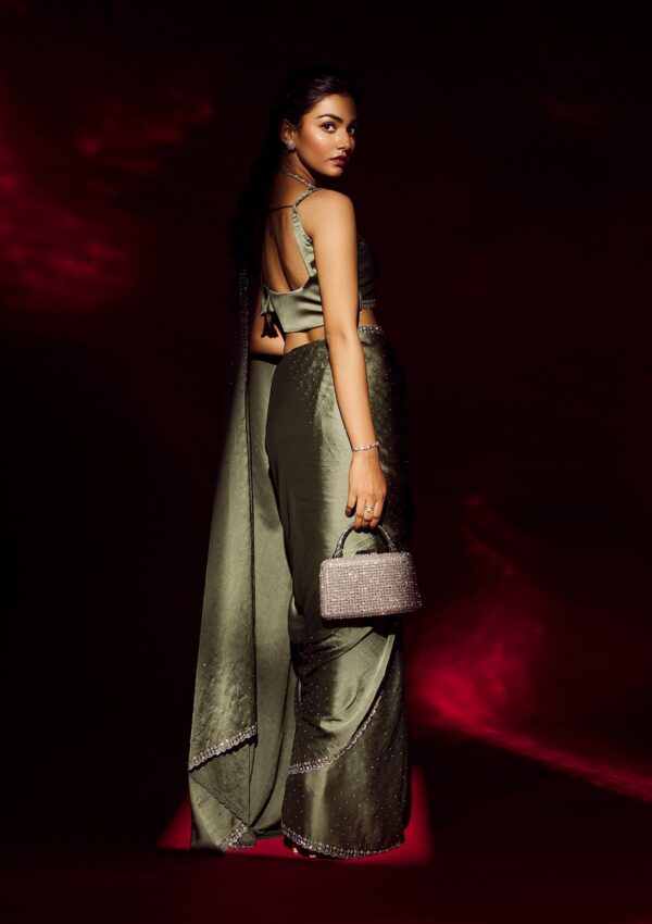 Leaf Green Stonework Satin Designer Saree - Image 3