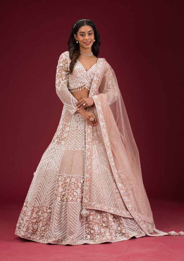Light Brown Pearlwork Net Readymade Lehenga