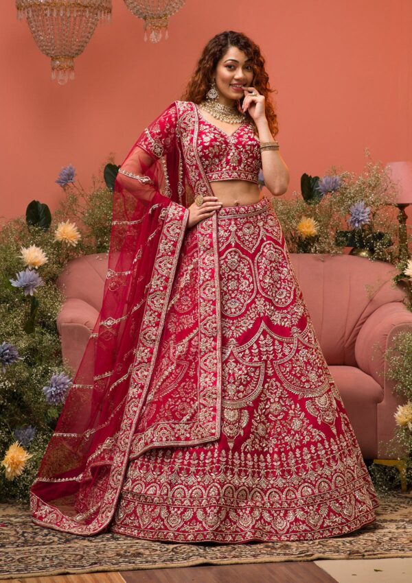 Maroon Zardosi Raw Silk Semi Stitched Lehenga - Image 4