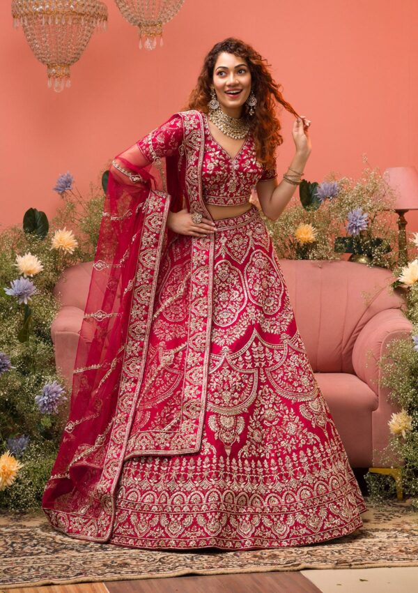 Maroon Zardosi Raw Silk Semi Stitched Lehenga - Image 2