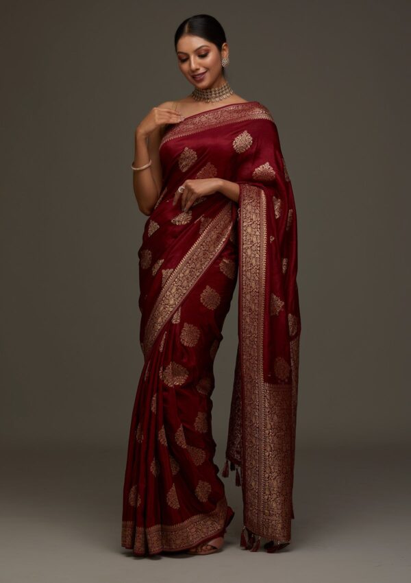 Maroon Zari Work Banarasi Saree - Image 2