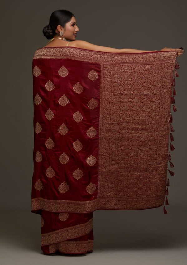 Maroon Zari Work Banarasi Saree - Image 3