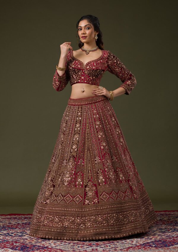 Maroon Zariwork Velvet Readymade Lehenga - Image 2